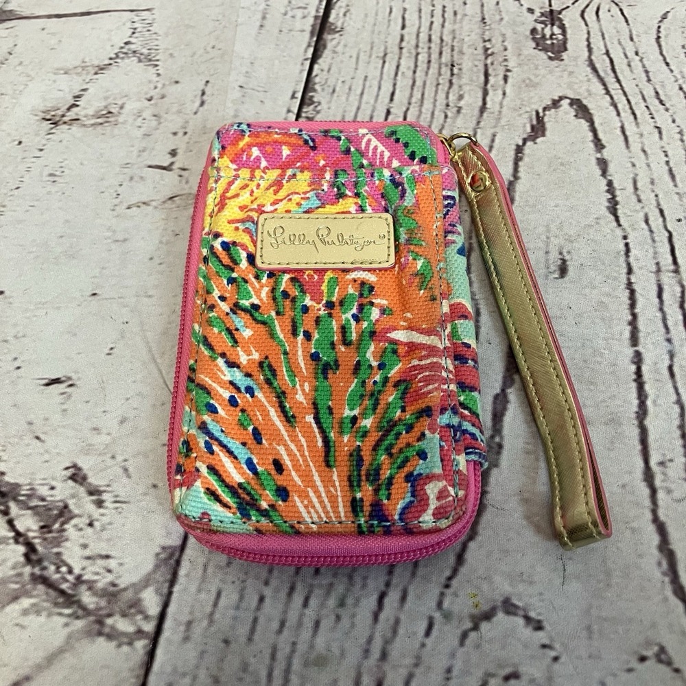 Lilly Pulitzer Wristlet Wallet Blue Green Pink Abstract‎ Zip Around Closure DL